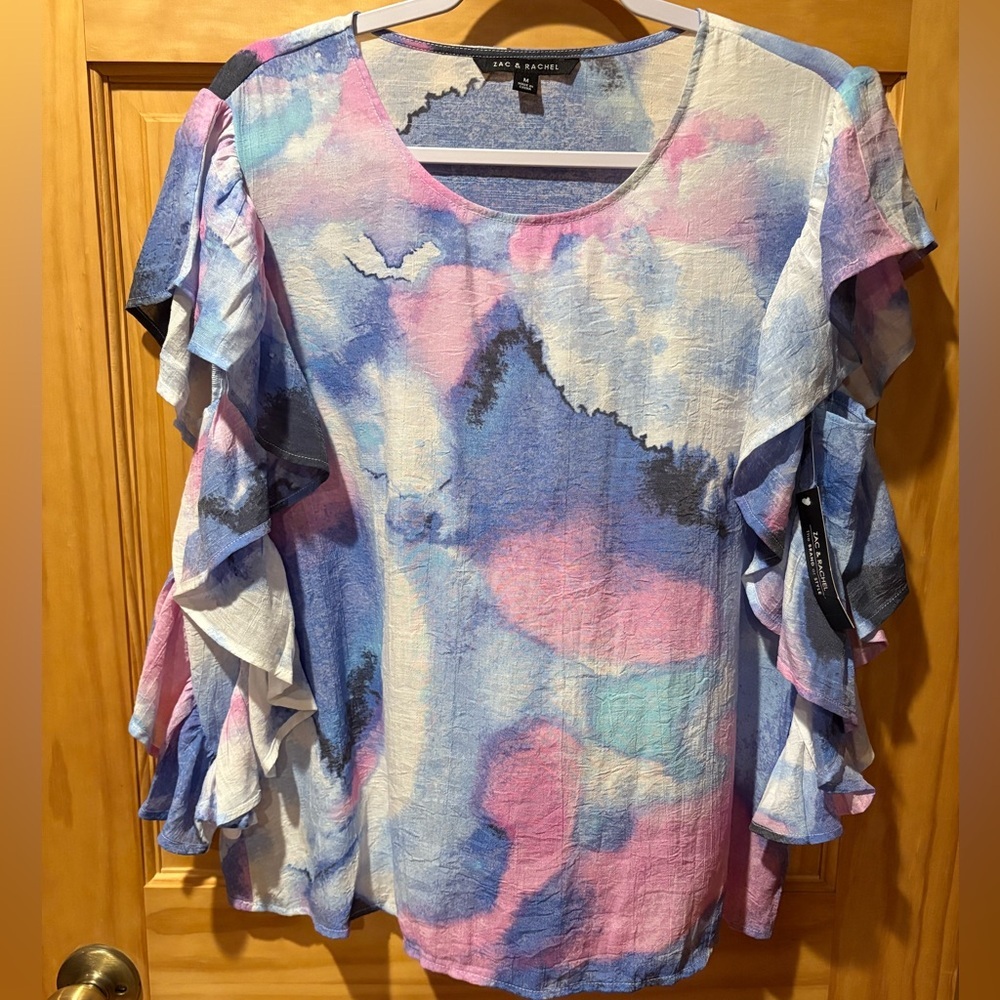 Zac & Rachel Sz M Flounce Sleeves Top Blouse Blue Pink Crinkle Rayon Blend NWT